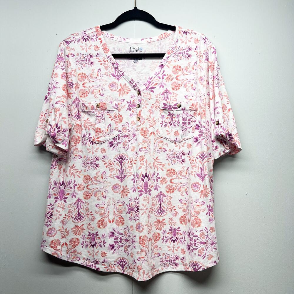 Croft & Barrow Floral Top Womens XXL Cotton Stretch Everyday Wear Casual Basic